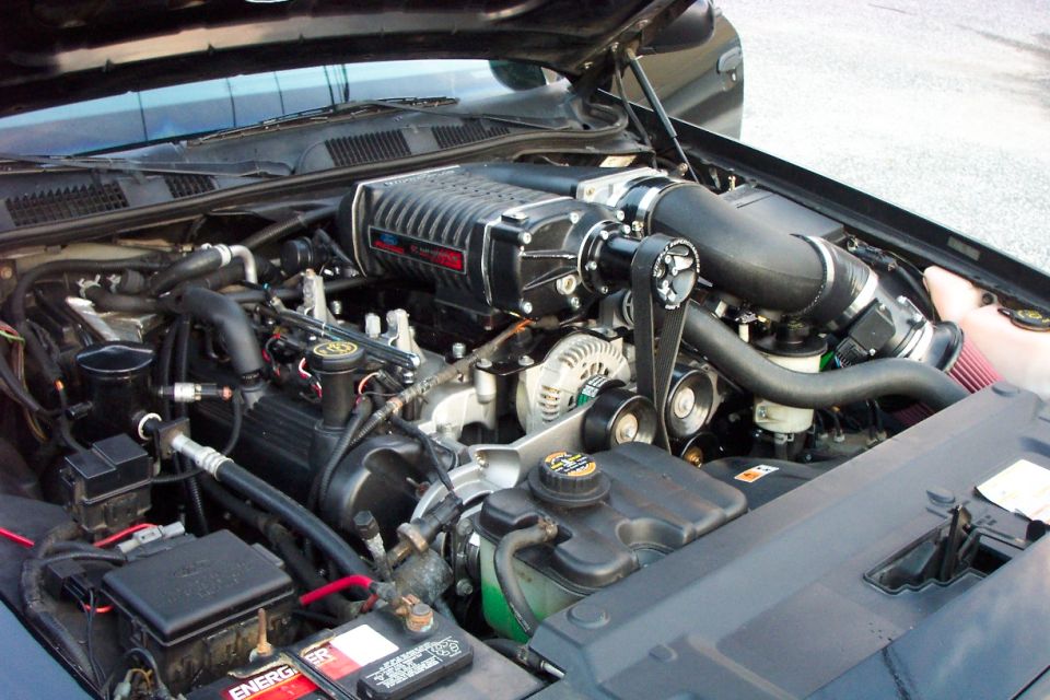 Engine bay with a black supercharger, silver alternator, and red-capped fluid reservoir