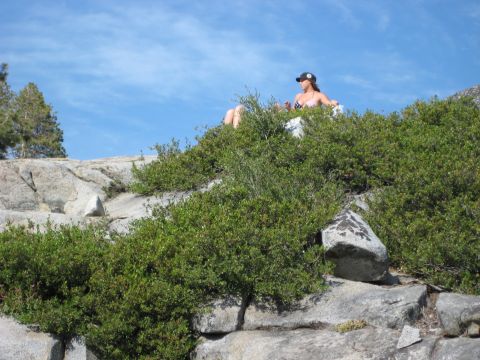 1999 Jeep Grand Cherokee - Woman relaxes on a rocky, bush-covered slope on a sunny day.