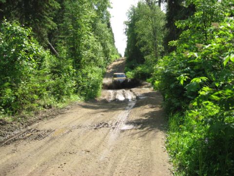 1978 Ford Bronco - SUV navigates a challenging muddy track surrounded by dense forest.