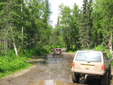 1978 Ford Bronco - Two SUVs drive through a muddy forest road, kicking up water and mud.