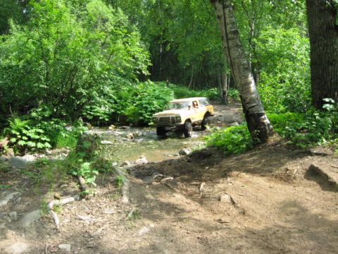 1978 Ford Bronco - 1978 Ford Bronco navigating a stream on a wooded trail.