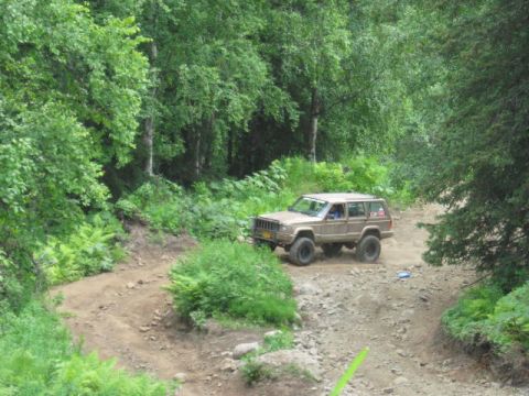 1978 Ford Bronco - A tan Jeep Cherokee XJ navigates a rough dirt path surrounded by lush green trees and foliage.