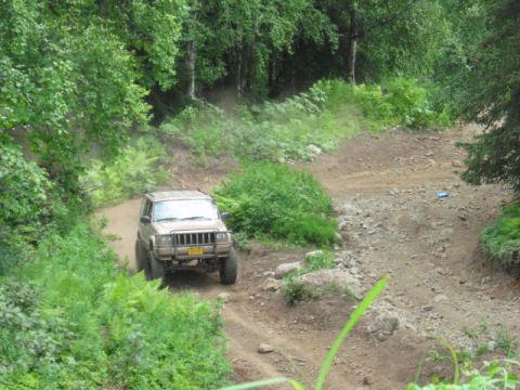 1978 Ford Bronco - A Jeep Cherokee XJ navigates a rough, dirt path surrounded by dense green foliage.