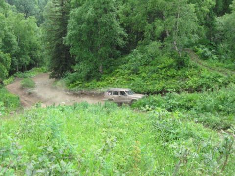 1978 Ford Bronco - A Jeep Cherokee XJ kicks up dust on a dirt road surrounded by lush green trees and foliage.