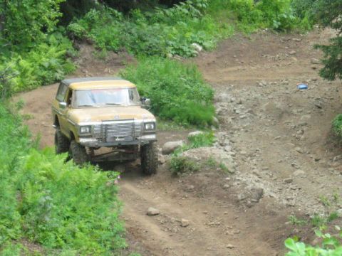 1978 Ford Bronco - 1978 Ford Bronco navigates a steep, off-road dirt path surrounded by lush greenery.