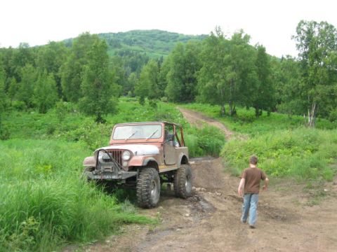 1978 Ford Bronco - A boy walks away from a Jeep CJ-5 parked on a dirt path surrounded by greenery and trees.