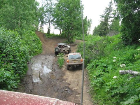 1978 Ford Bronco - Off-road vehicles traverse a challenging muddy path surrounded by dense green foliage.