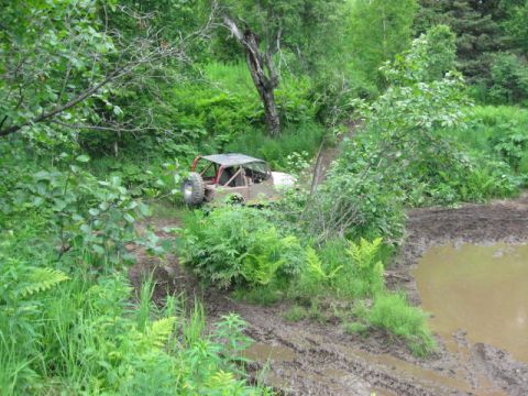 1978 Ford Bronco - An off-road vehicle navigates a muddy trail surrounded by lush green foliage.