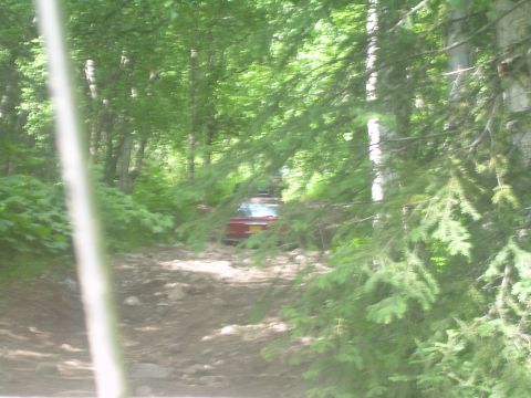 1978 Ford Bronco - A red SUV navigates a rough dirt path surrounded by dense green trees.