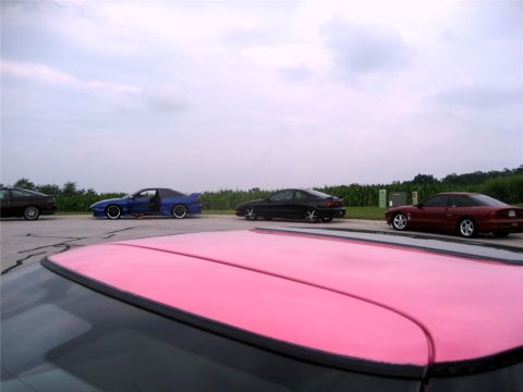 1993 Ford Probe - Four coupes are parked in a line on a paved surface next to a field of tall green plants under a cloudy sky. The closest vehicle is a pink…