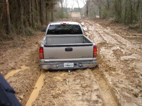 1991 Ford Bronco - Pickup truck stuck in mud on a wooded dirt road.