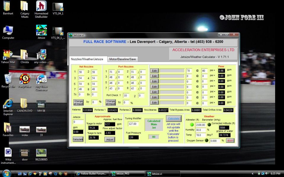 Screenshot of Jetsize fuel jet/weather calculator software on a Windows desktop