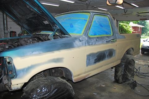 1996 Ford Bronco - This 1996 Ford Bronco is being prepped for paint with bodywork and sanding.
