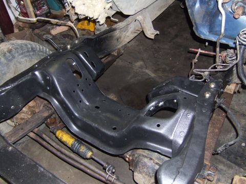1989 Ford Bronco - Frame all cleaned up, 460 motor mounts in place. Sprayed with Dupont bedliner