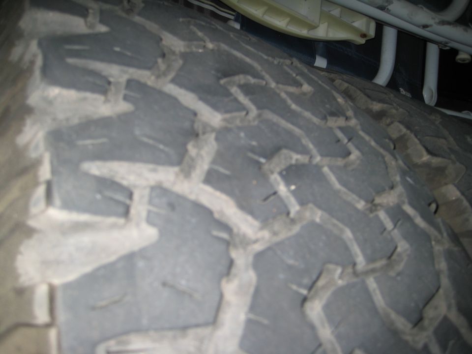 Close-up of a mud-caked all-terrain tire tread with white fender liner above