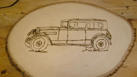 1995 Ford C-350 (Centurion Conversions) - This is a wood burning of a vintage sedan, not a 1995 Ford C-350.
