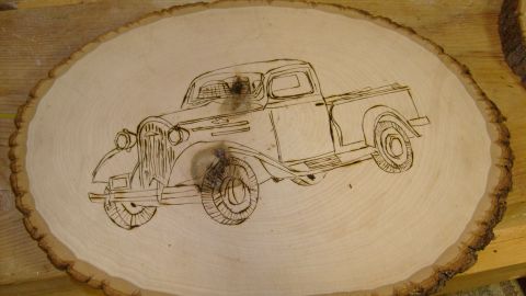 1995 Ford C-350 (Centurion Conversions) - This is a wood burning of an old-fashioned pickup truck on a wood slice.