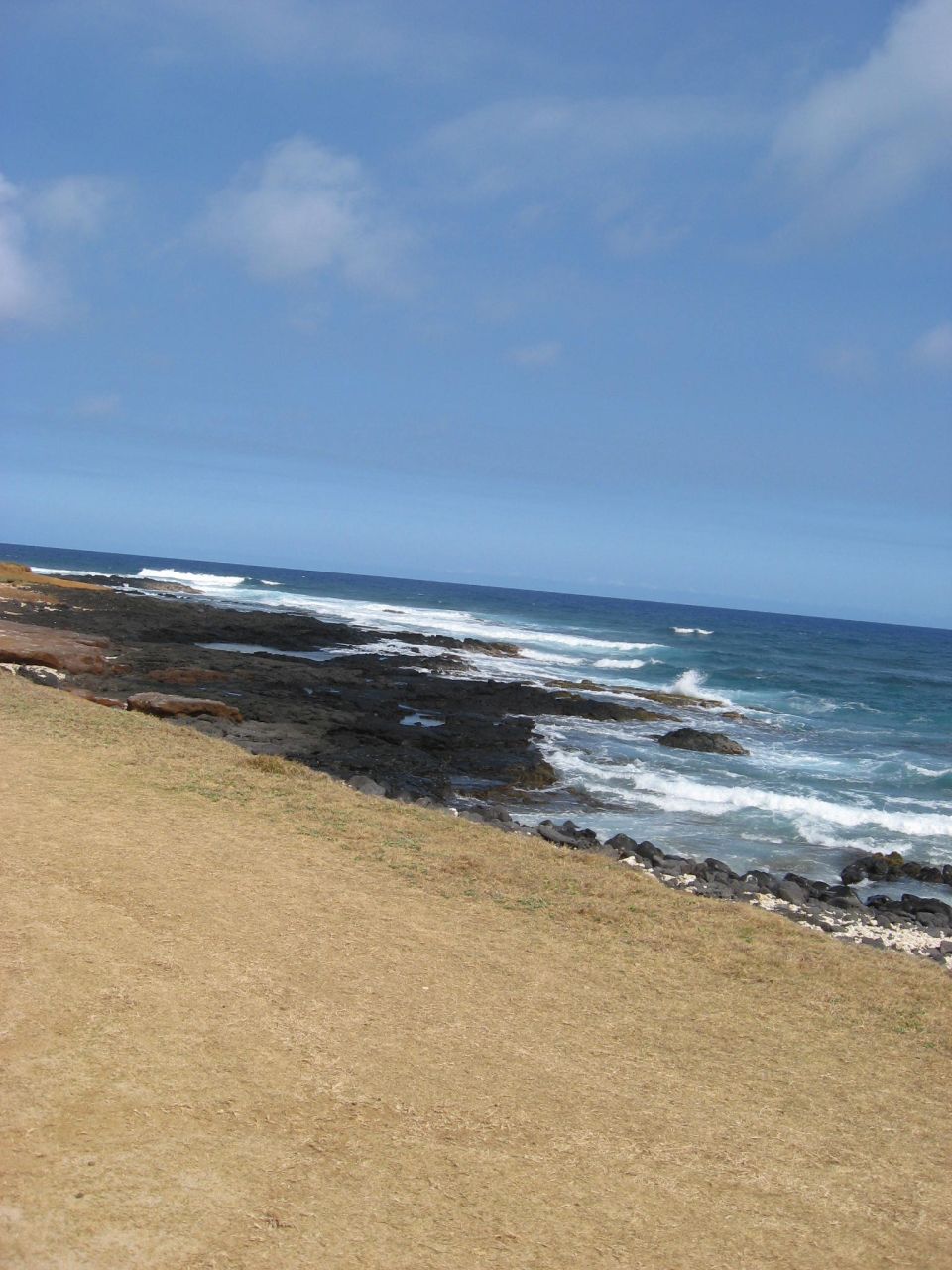 Rocky coastline with waves crashing against the shore.