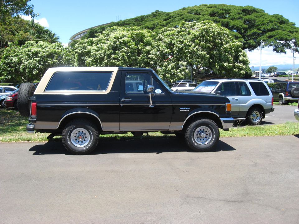 Black 1991 Ford Bronco with tan top parked in a lot.