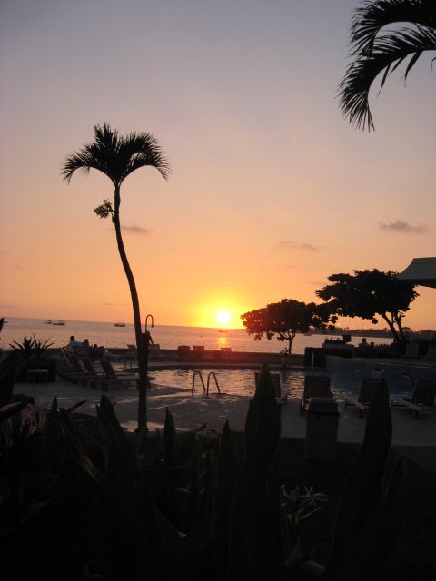 1991 Ford Bronco - Sunset over the ocean at a tropical resort, with a pool and palm trees in the foreground.