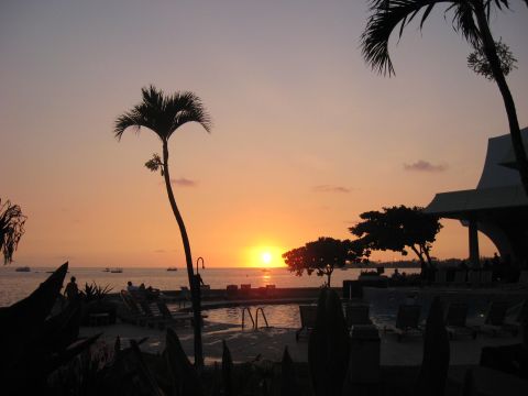 1991 Ford Bronco - A beautiful sunset over the ocean, with palm trees and a pool creating a tropical atmosphere.