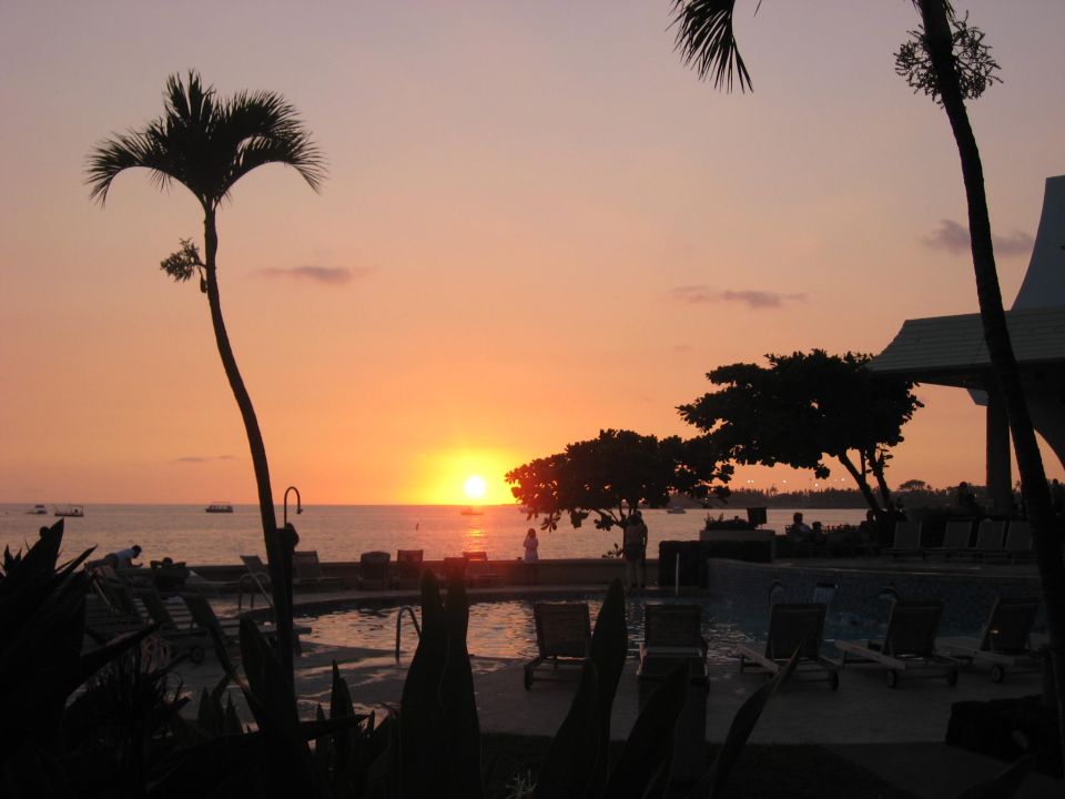 Tropical sunset over the ocean with palm trees and a swimming pool