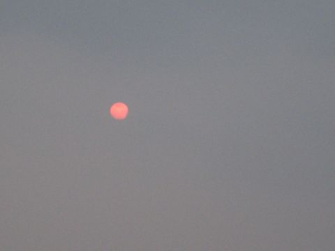 1991 Ford Bronco - The sun appears as a small, reddish orb through a hazy sky.