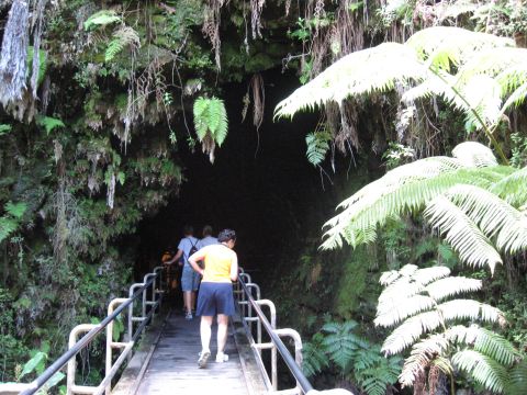 1991 Ford Bronco - Tourists explore a lava tube cave entrance, a natural wonder framed by dense tropical foliage and a wooden walkway.