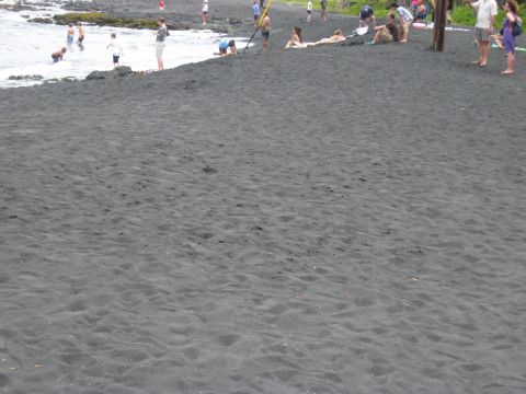 1991 Ford Bronco - A scenic view of a black sand beach with several people enjoying the water and sun.