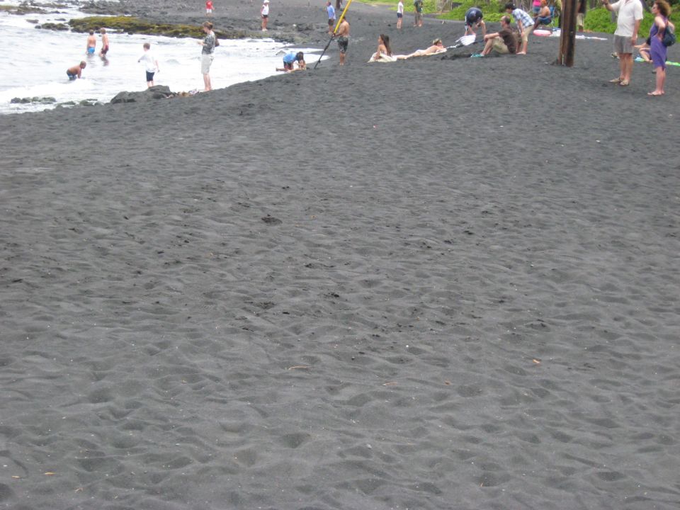 People on a black sand beach with waves in the background