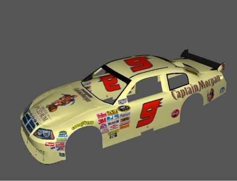 2004 Jeep Wrangler - A 3D render of a race car with a cream-colored body, featuring prominent "9" graphics and "Captain Morgan" branding. The car is adorned wit…