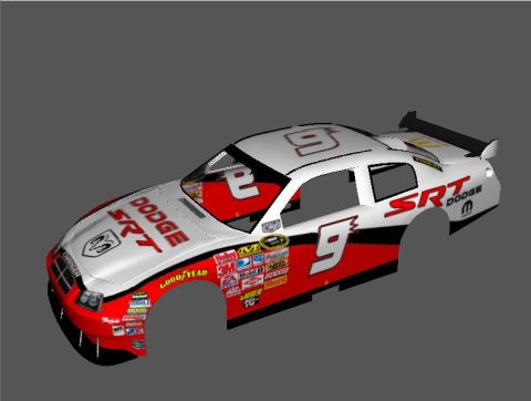 2004 Jeep Wrangler - A 3/4 front view of a white and red Dodge Charger NASCAR race car with the number 9 prominently displayed. The car features numerous sponso…