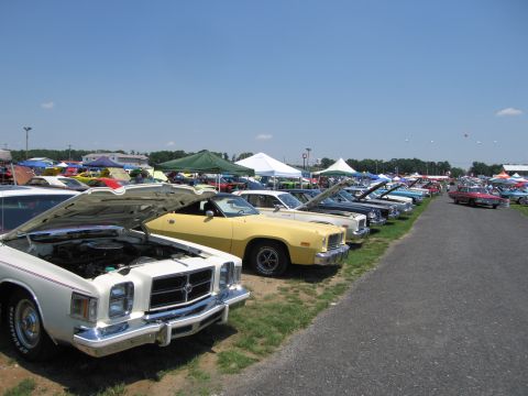 2001 Ford Crown Victoria - Multiple classic cars are lined up at an outdoor event under a clear blue sky.