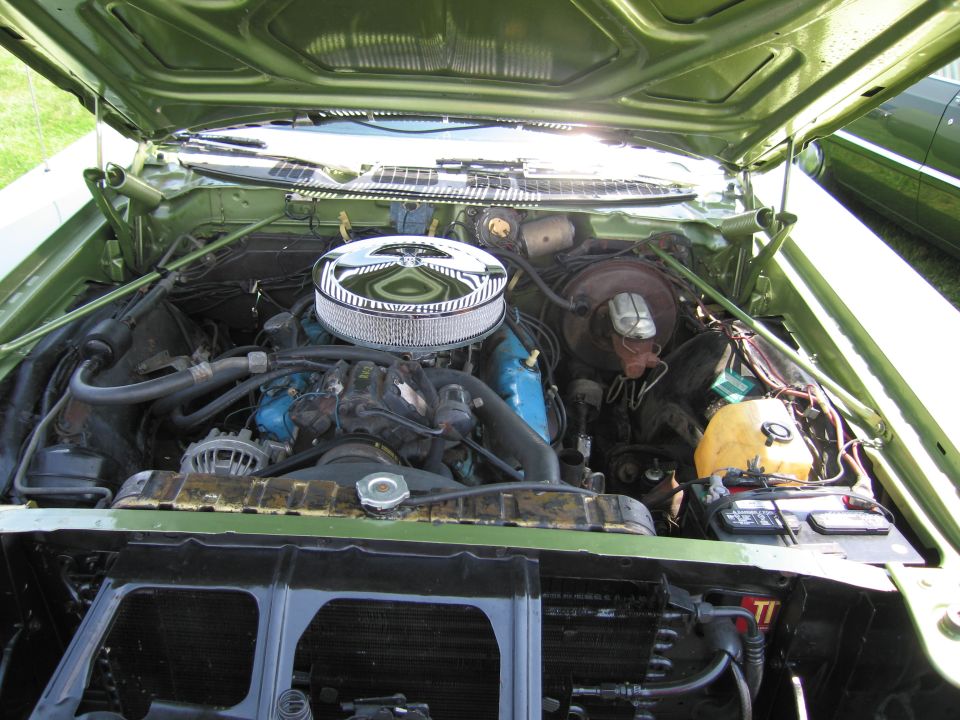Green engine bay with chrome air cleaner and blue valve covers