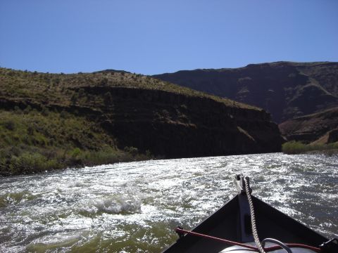 1993 Ford Bronco - View from a boat traveling down a river with rapids, surrounded by arid hills under a clear blue sky.