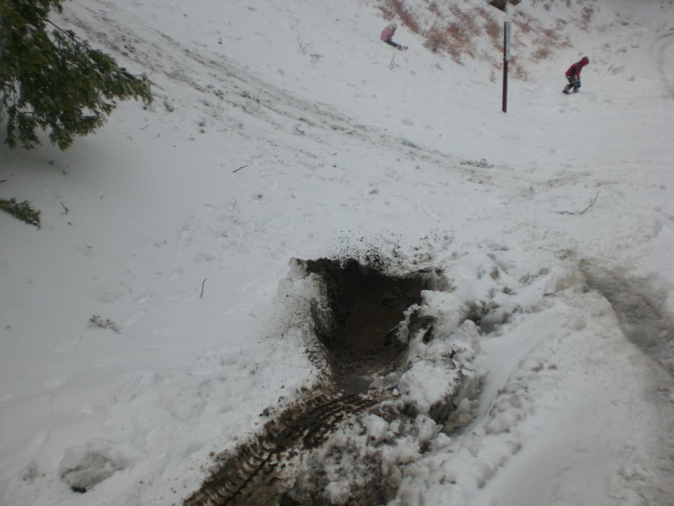 Snowy hillside with tire tracks leading into a hole, two people on the slope.