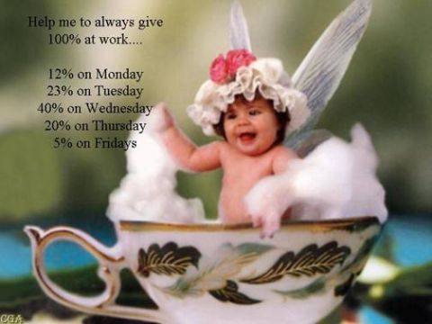 2006 Ford E350 - A baby in a teacup with fairy wings and a hat is surrounded by bubbles, with text about work effort percentages.