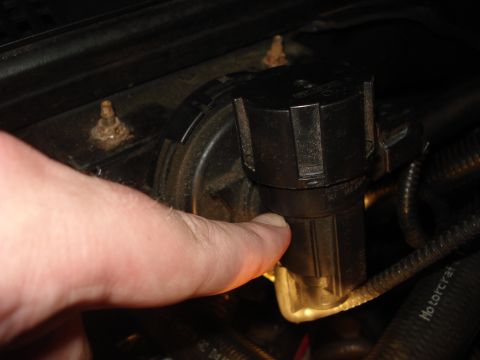 2000 Ford Crown Victoria - A finger presses on a black plastic engine component, with visible rust on nearby screws.