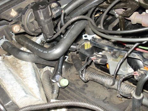 2000 Ford Crown Victoria - A close-up view of the engine bay of a 2000 Ford Crown Victoria, showing various hoses, wiring harnesses, and engine components. Text on a…