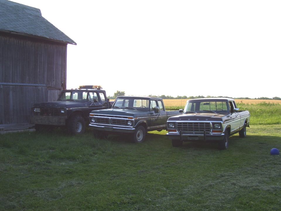 Three older Ford trucks parked in a row beside a barn at dusk