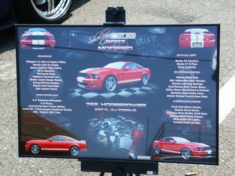 2001 Mercury Grand Marquis - Car-show spec display board for a modified 2007 Shelby GT500 listing engine, drivetrain, exhaust, suspension, and appearance modifications.