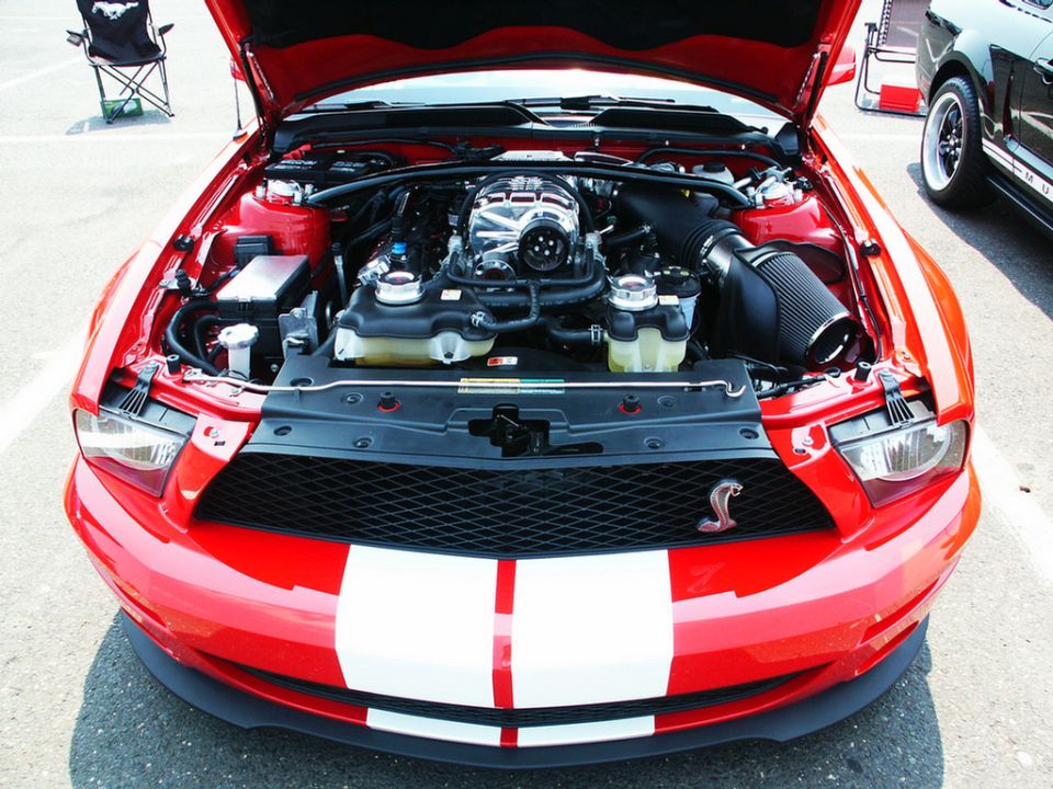 Red Ford Mustang with white stripes, hood open showing engine. Cobra emblem on grille