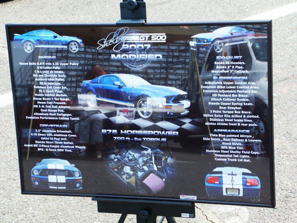 Show display board listing blue 2007 Shelby GT500 modifications and 975 horsepower specs