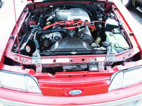2001 Mercury Grand Marquis - Close-up view of a red Ford engine bay, showing the V8 engine and various components.