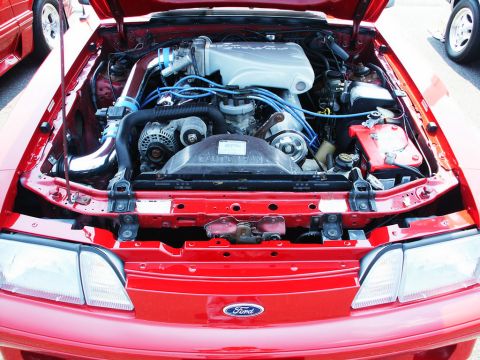 2001 Mercury Grand Marquis - The engine bay of a red Ford Mustang is displayed, a prominent chrome intake and blue spark plug wires.