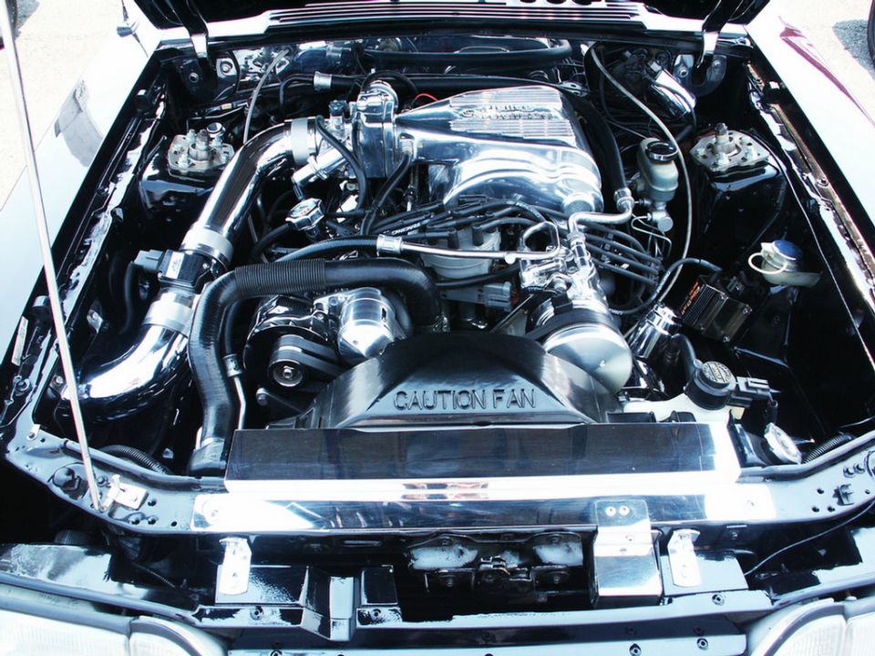 Engine bay with chrome intake and polished valve covers. "CAUTION FAN" is visible on the fan shroud