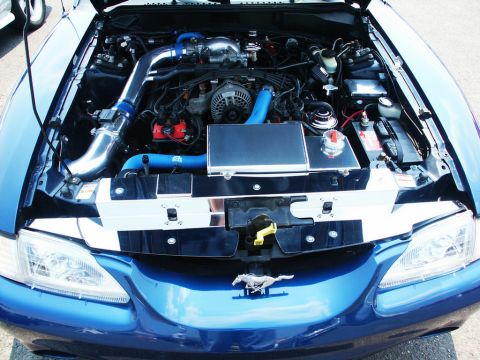 2001 Mercury Grand Marquis - Engine bay of a blue Ford Mustang, aftermarket modifications and chrome trim.