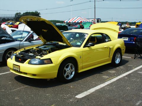 2001 Mercury Grand Marquis - A yellow Ford Mustang is displayed with its hood and trunk open at an outdoor car show.