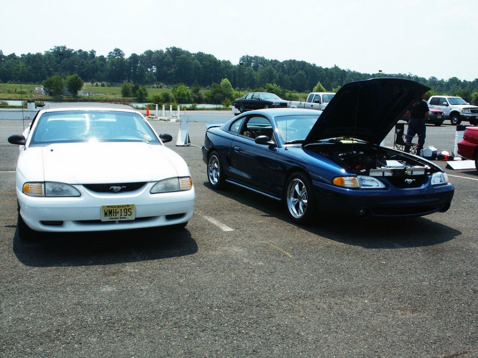 White 1994 Ford Mustang parked next to a blue 1994 Ford Mustang with hood open