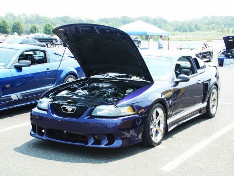2001 Mercury Grand Marquis - Two Ford Mustangs are parked at a car show, one with its hood open revealing the engine.